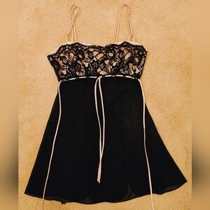 Y2K Black & Pink Sheer Babydoll Chemise Lingerie Dress w Lace Overlay Bodice